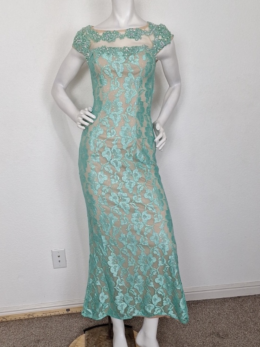City Triangles Aqua Blue & Tan Lace Mesh Fairycore Romantic Maxi Dress Size 3